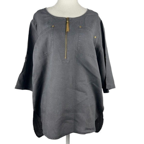 ellen TRACY LINEN SHORT SLEEVED BLOUSE WITH GOLD ACCENT - Picture 1 of 14